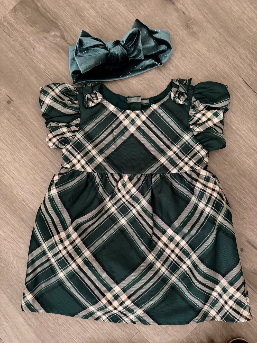 Girls Emerald Green Plaid Puff-Sleeve Dress with Headband 9-12 months